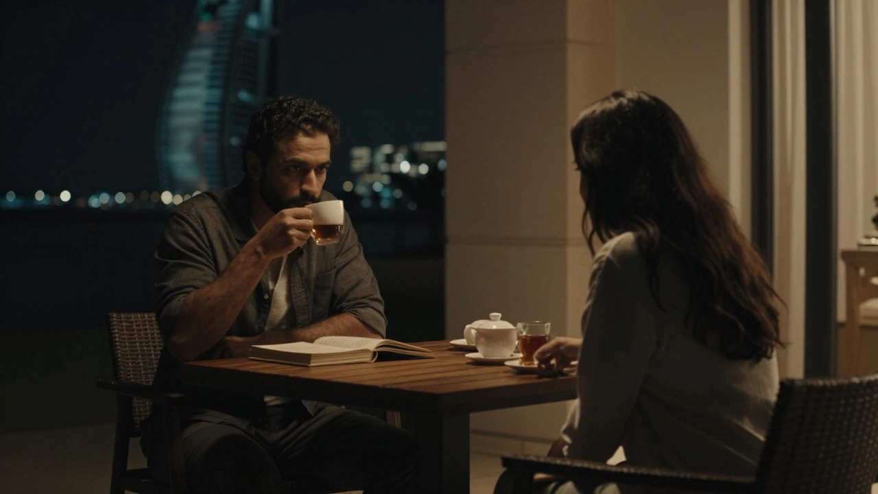 A quiet evening in a private villa: an expat shares tea with a companion, books on the table, no physical contact, warm lamplight and blurred city lights outside.